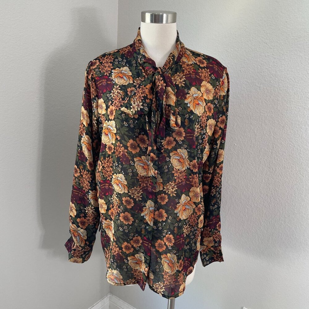 Catherine Malandrino XL Floral Print Tie Neck Blouse Long Sleeve‎ Shirt Top